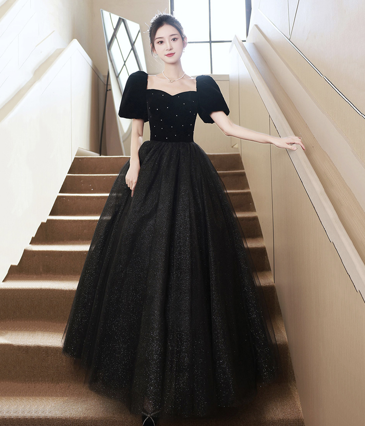 Black Velvet Tulle Long Prom Dress, Cute A-line Short Sleeve Evening Party Dress