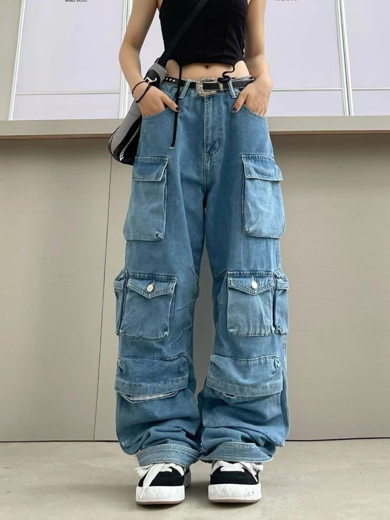Multi-pocket Blue Washed Cargo Pants Y2k Retro High Street Fashion High Waist Jeans Couple Harajuku Simple Casual Wide Leg Pants