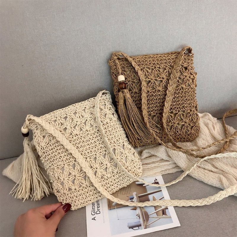 Women Beach Woven Straw Shoulder Messenger Bag With Tassel Boho Hollow Out Crochet Crossbody Handbag