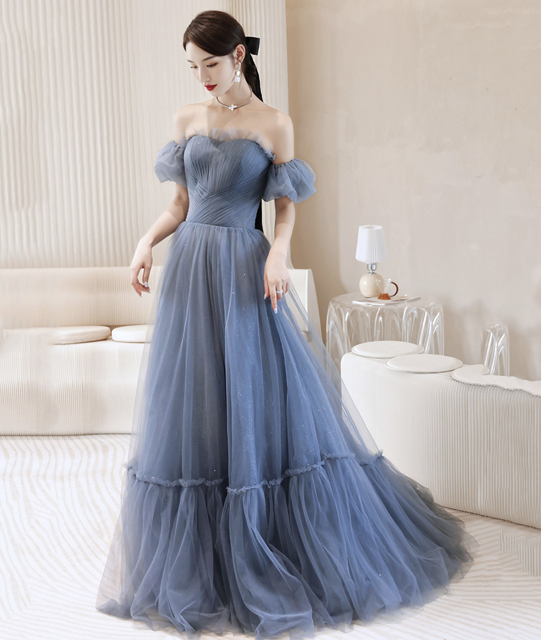 Blue Strapless Tulle Long Prom Dress, A-line Blue Evening Dress
