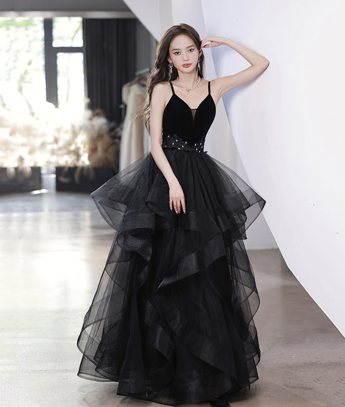 Black V-neck Lace Long Prom Dress, A-line Evening Dress on Luulla