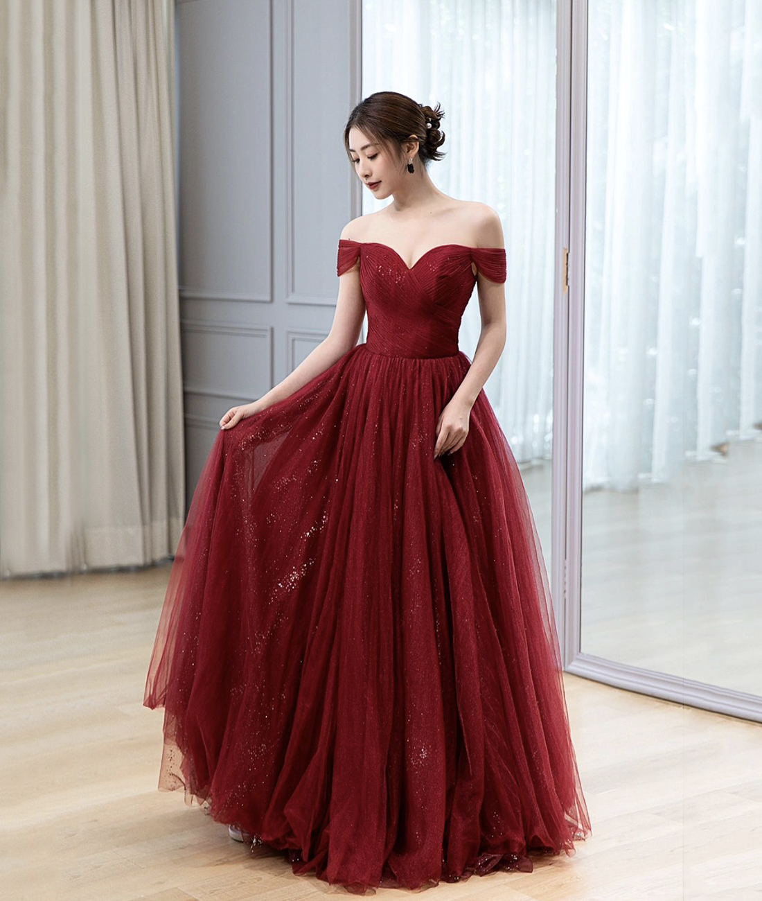 Burgundy Tulle Long Prom Dress A line Off The Shoulder Evening Dress