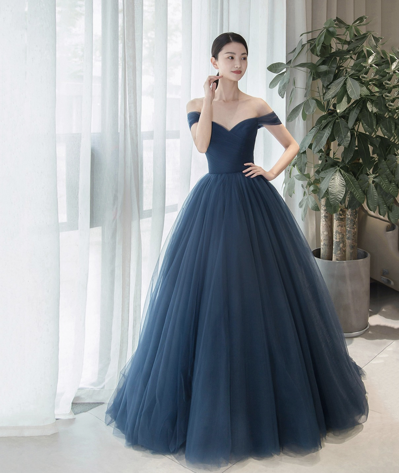 Elegant Tulle Long A-line Prom Dress, Blue Off The Shoulder Evening Party  Dress on Luulla