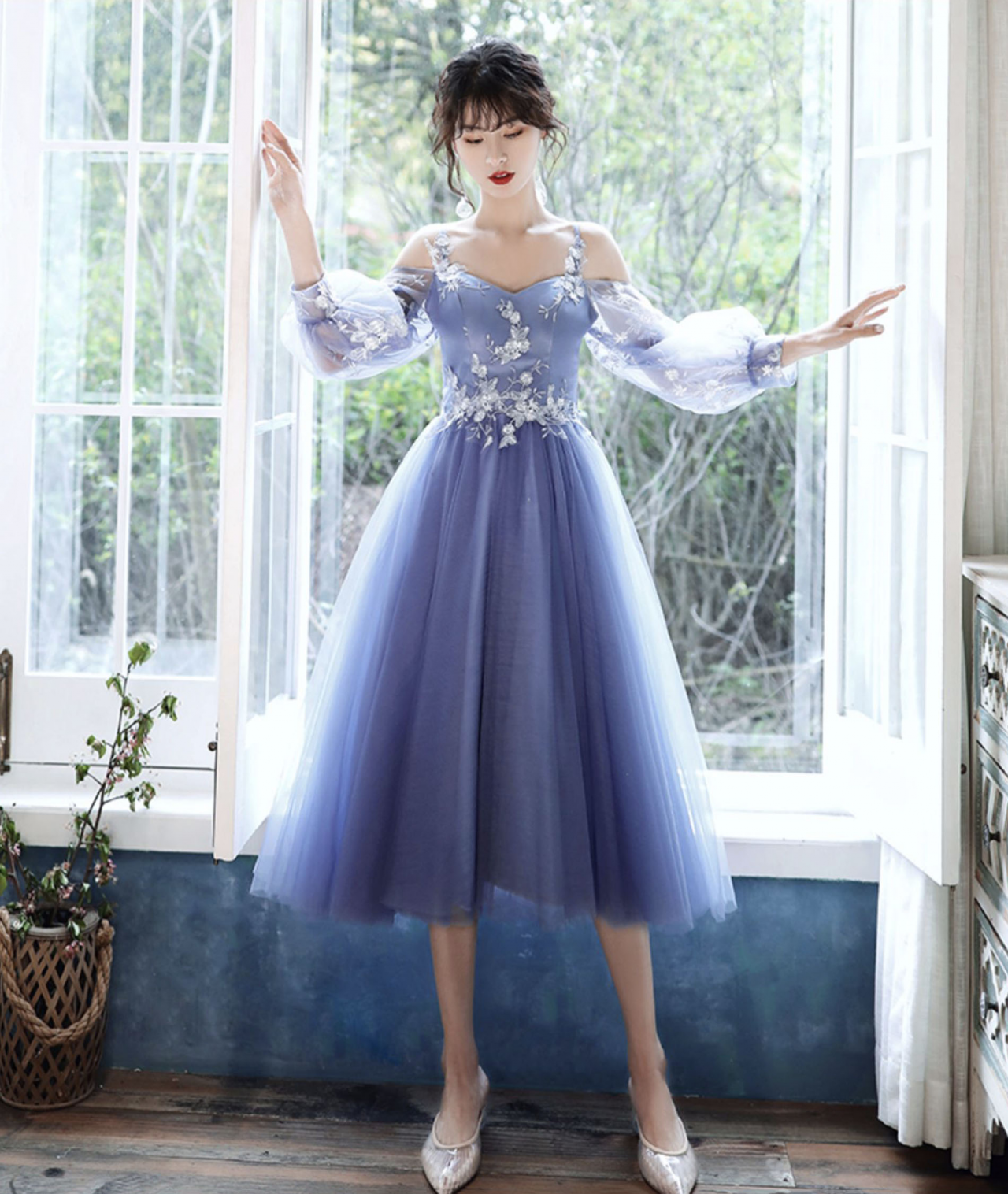 Blue Lace Long Sleeve Prom Dress