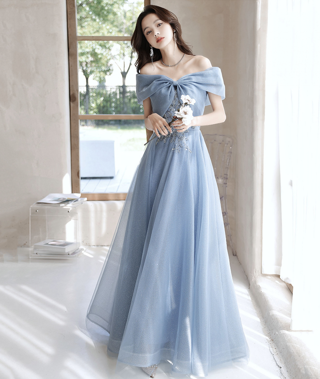 Blue Tulle Long Prom Dress Off Shoulder Evening Dress