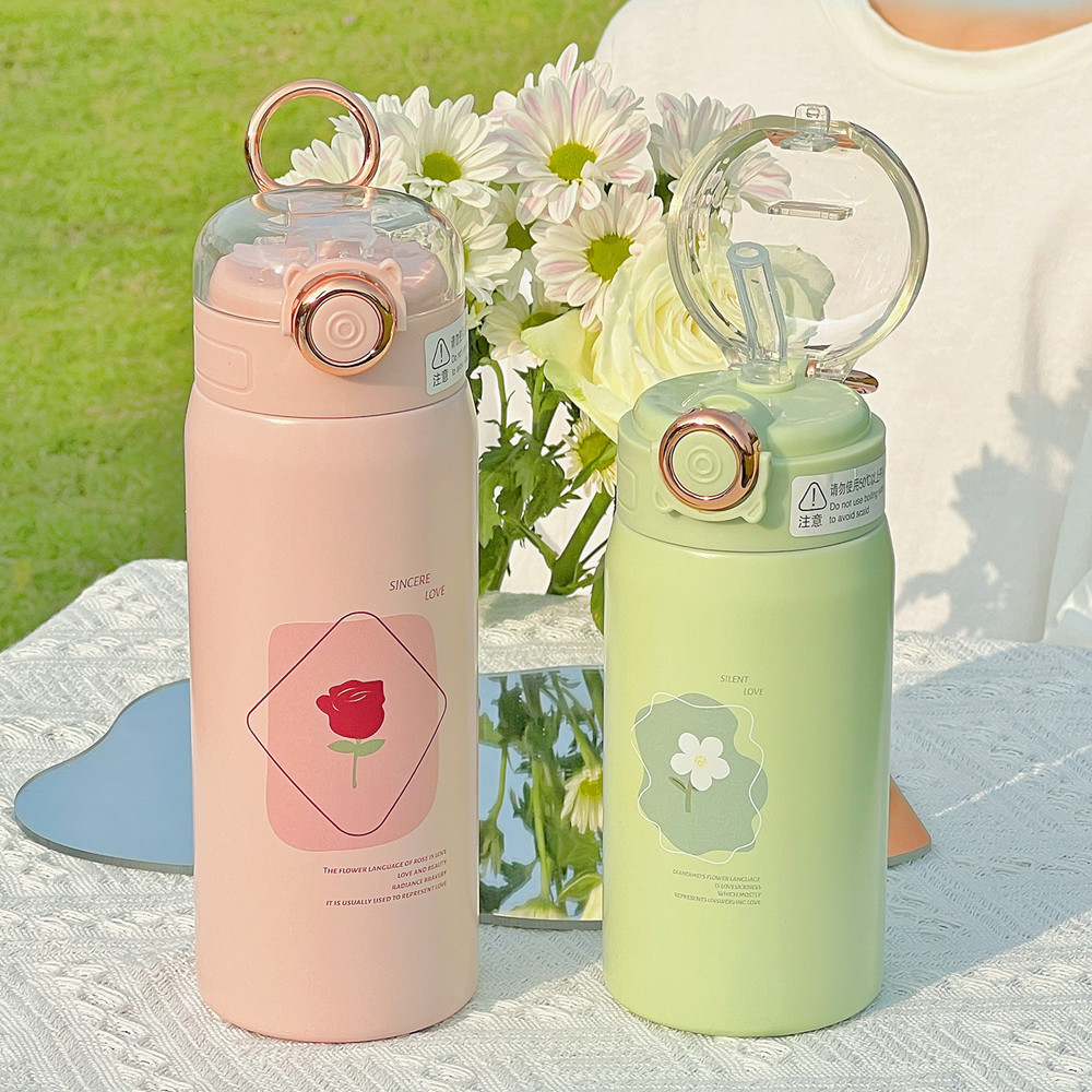 350ml/450ml Double Stainless Steel Vacuum Flask With Straw Portable Cute Kids Thermos Mug Student Thermal Water Bottle Tumbler