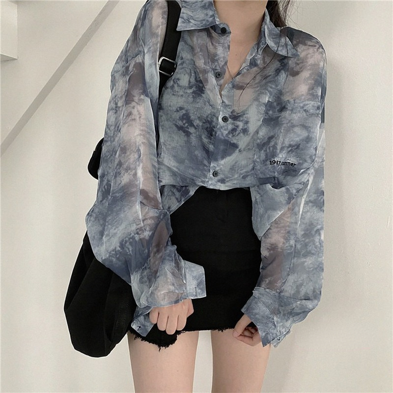 Shirts Women Fashion Tie Dye Harajuku Gothic Top Korean Loose Casual Clothes Sun-proof Embroidery All-match Summer Holiday