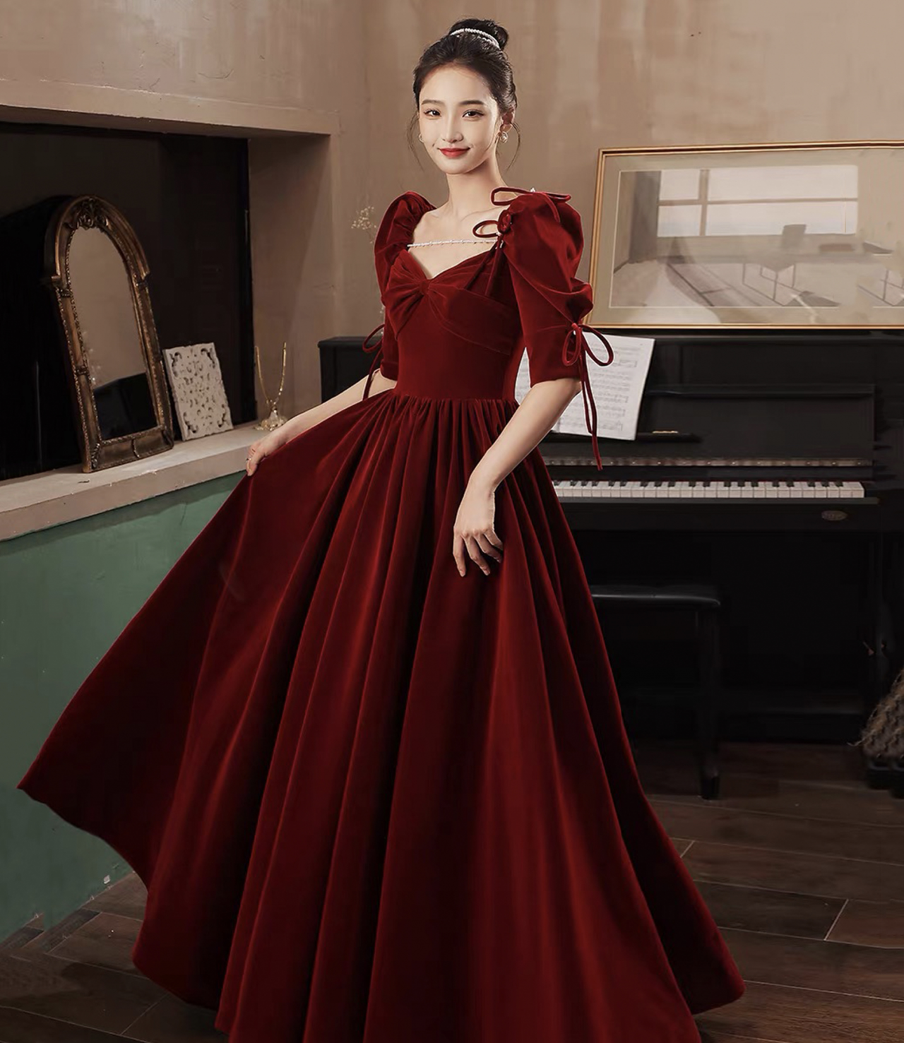 Burgundy Velvet Long Prom Dress A-line Evening Dress