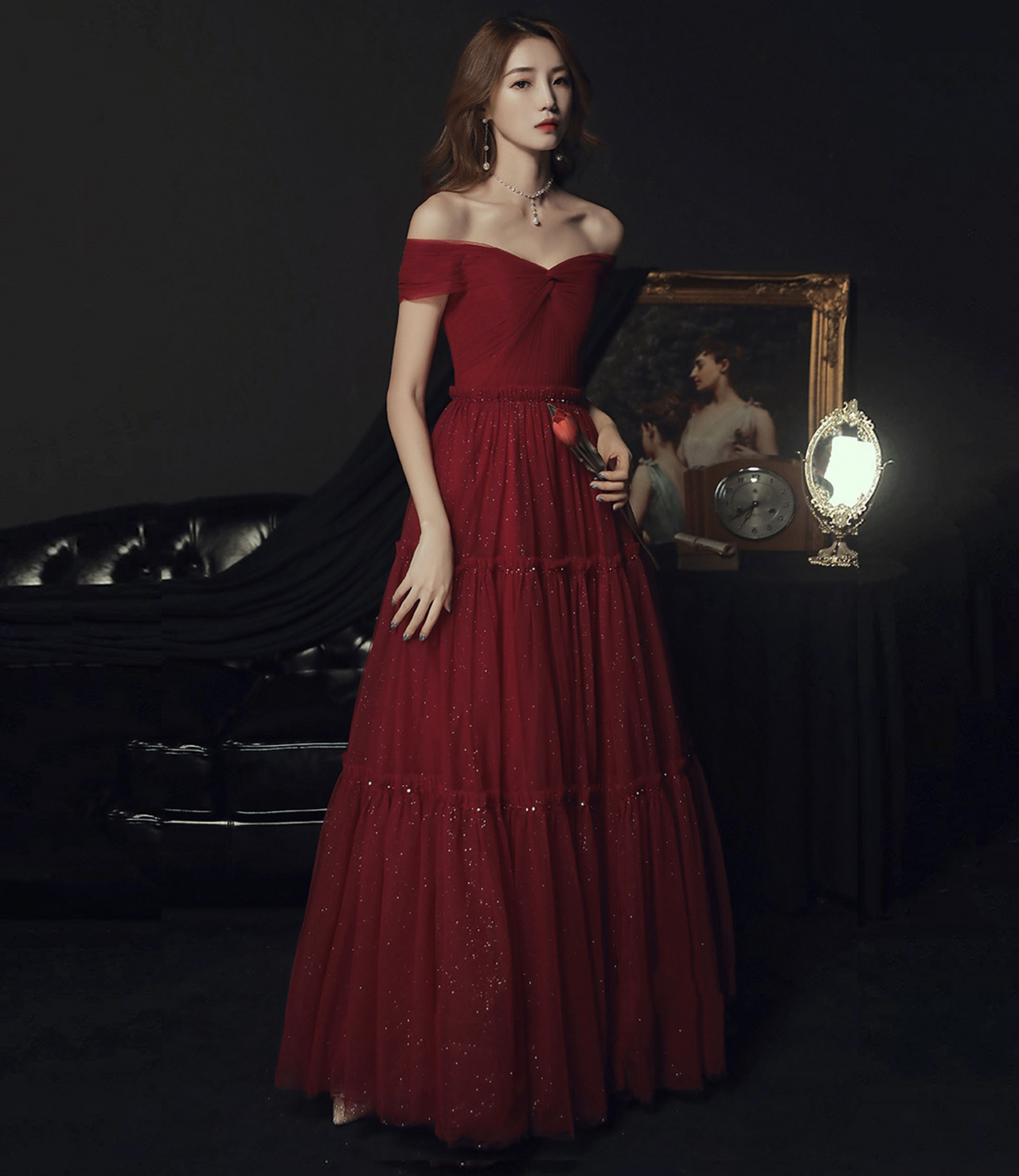 Vintage A Line Off The Shoulder Tulle Burgundy Evening Prom Dress