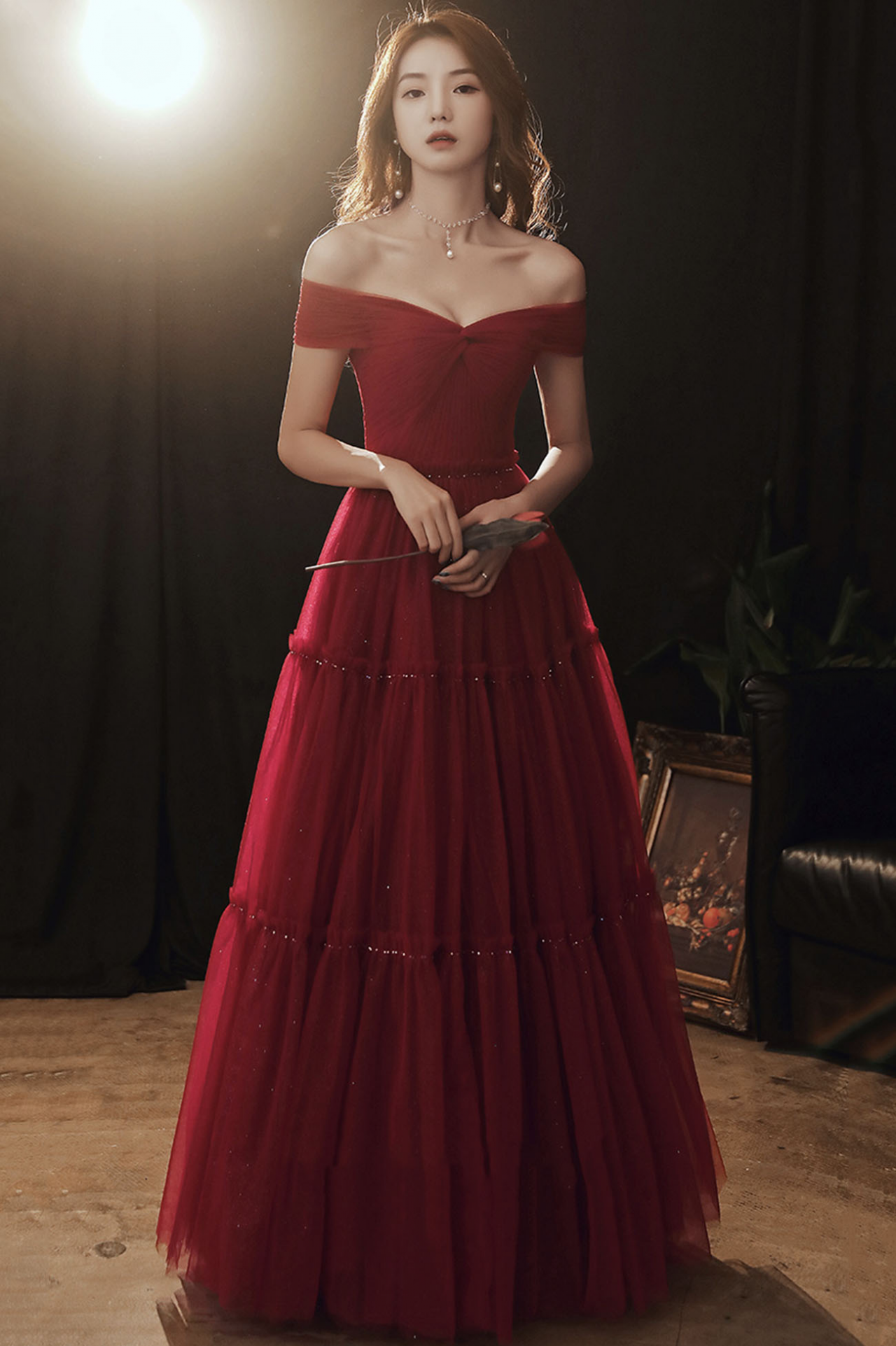 8656 Burgundy Cold Shoulder Tulle Dress main image 1