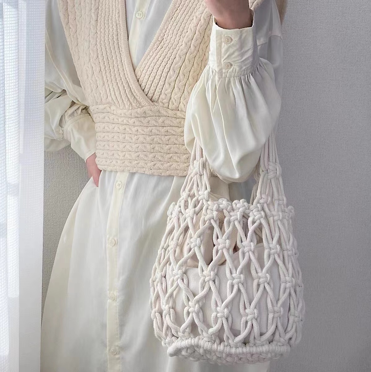 Cotton Thread Tote Handbags Solid Color Hollow Out Handmade Woven Crochet Arm Handbag Casual Braided Bags