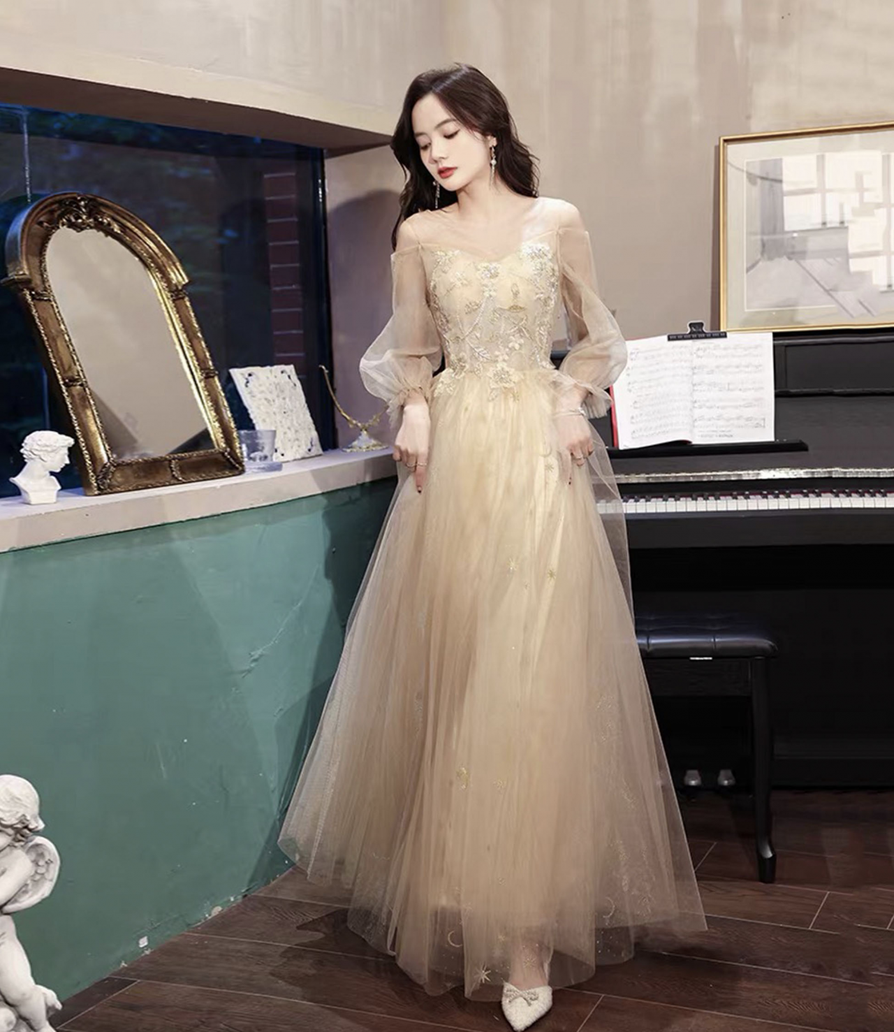 knee length dresses for ladies Dressystars Champagne Prom Dress V Neck Tulle Lace Beaded Long Formal Gown  Evening Dress main image 1