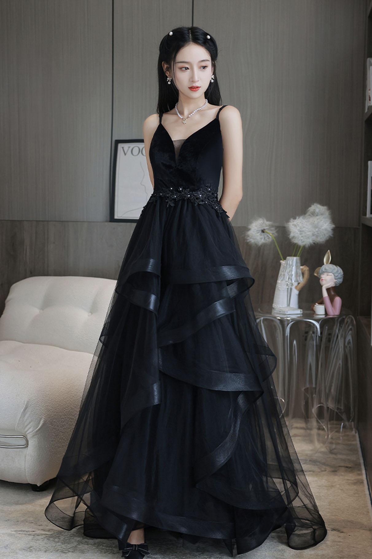 New Arrival Black V-neck Beaded Top A-line Tulle Embroidery Long Prom Dresses, PD0347 main image 1