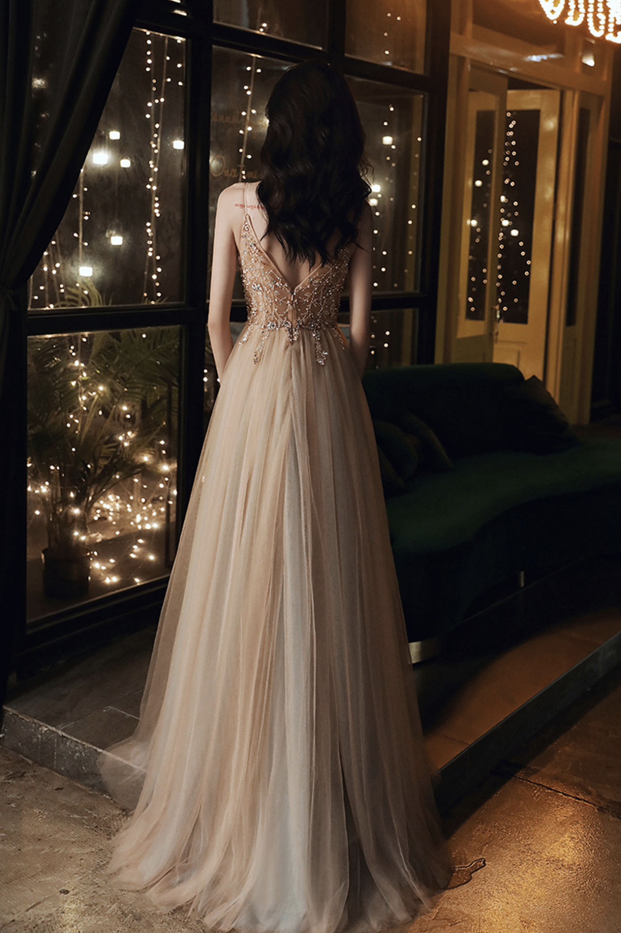 Fashionable V-neck tulle and beaded long ball gown A-line evening dress C1924 main image 1
