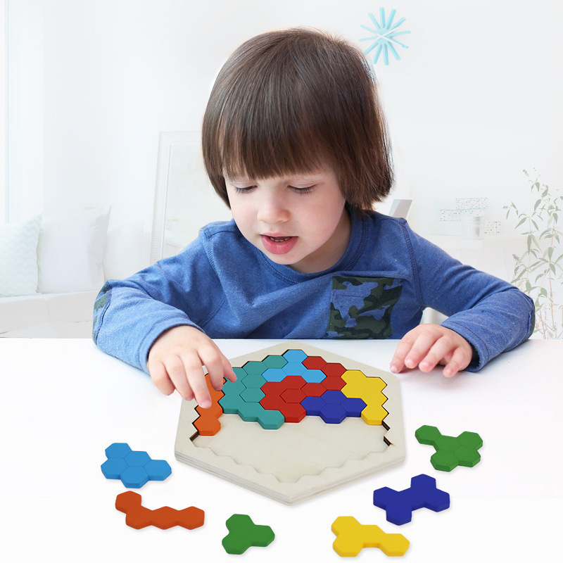 3d Hexagonal Wooden Puzzles Educational Toys For Children Kids Preschool Tangram Board Brain Iq Test Game Montessori Toys