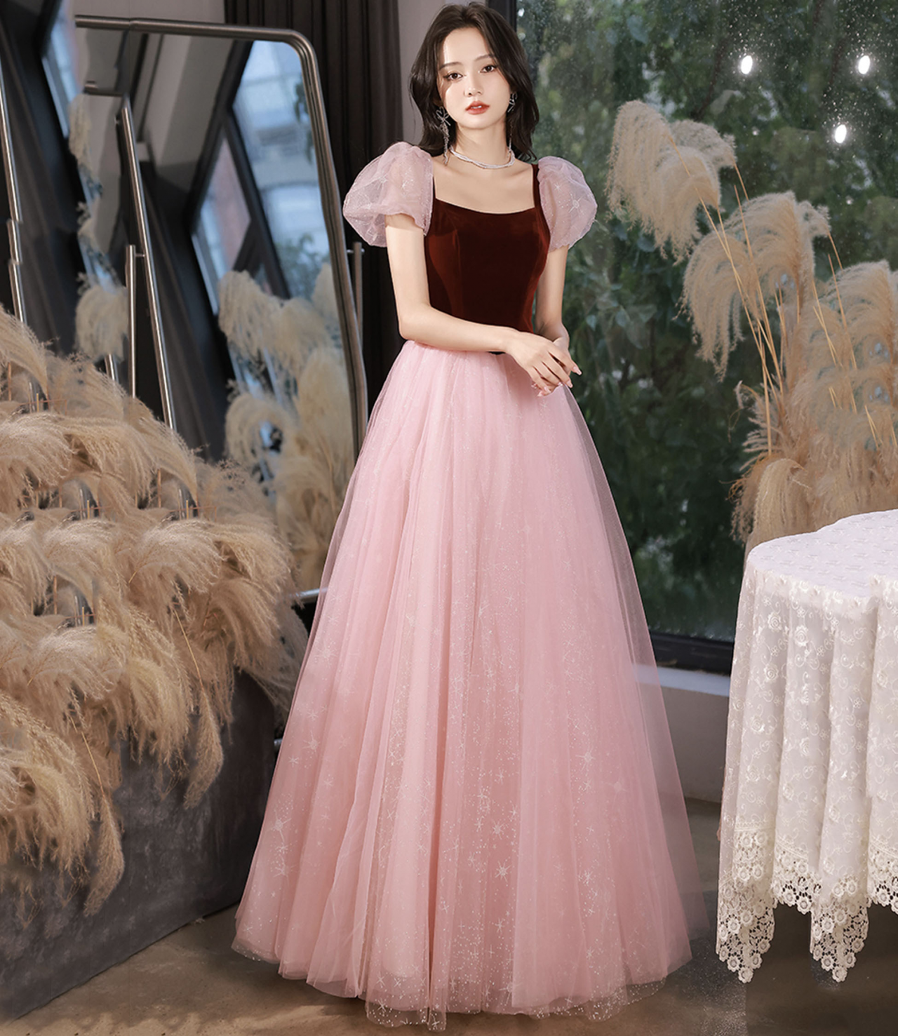 Pink Tulle Long A-line Prom Dress Pink Evening Dress