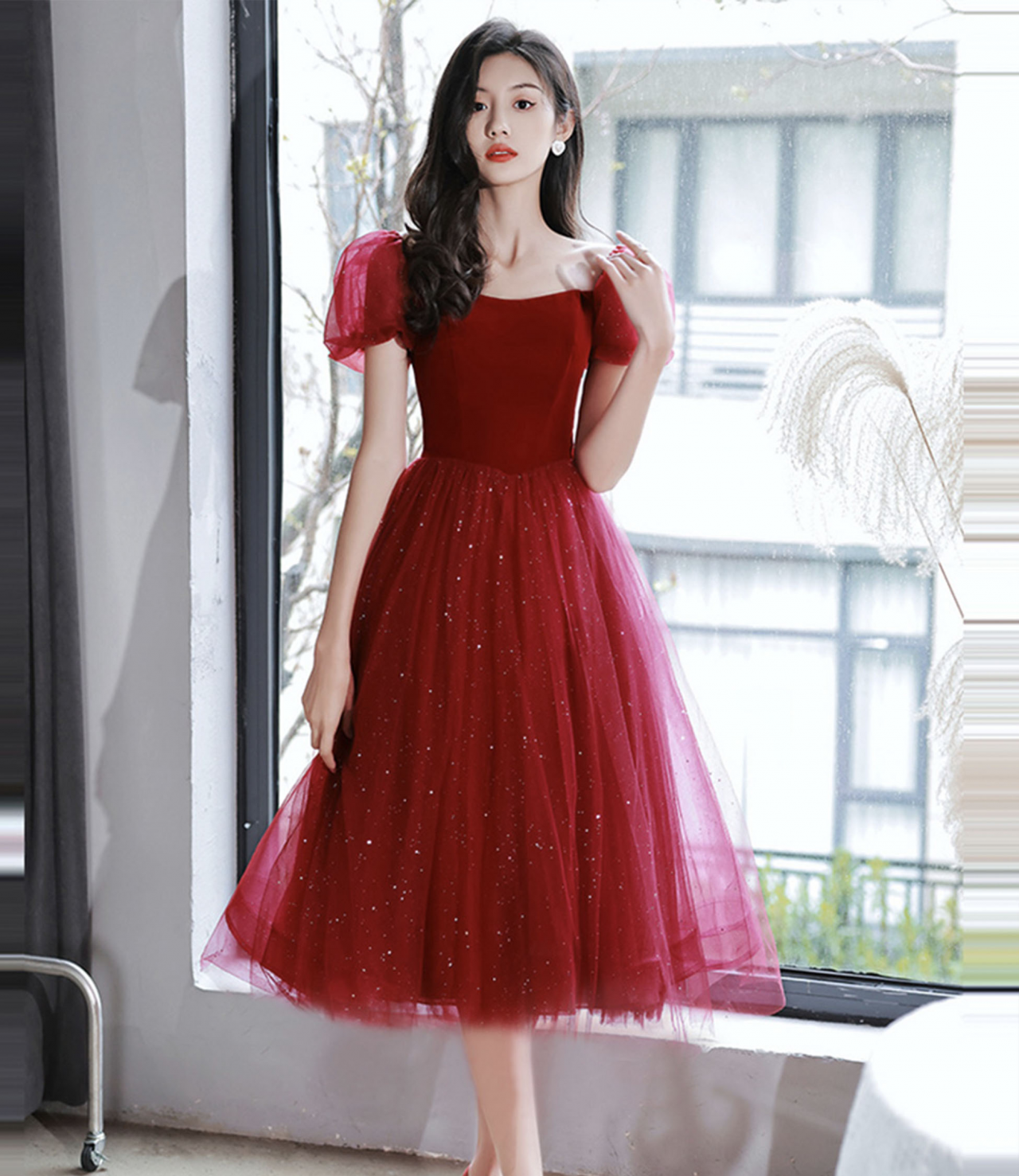 Burgundy Velvet Tulle Short Prom Dress Homecoming Dress