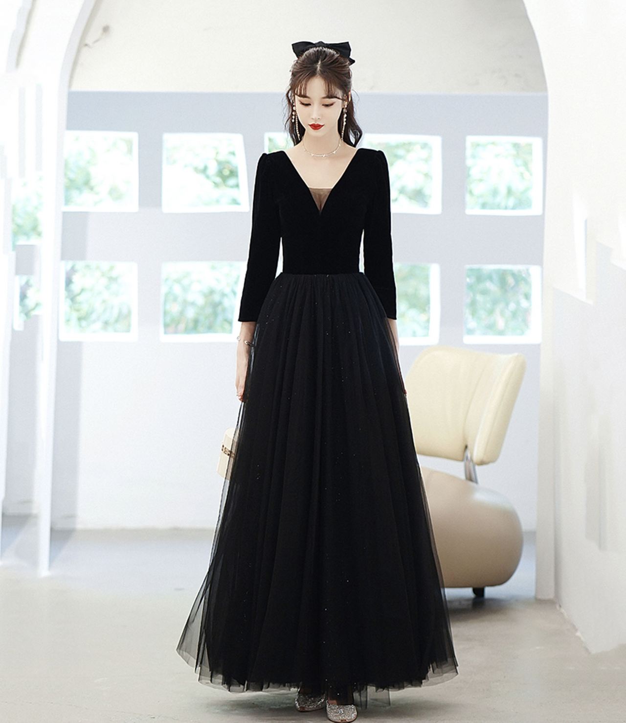 fitted lace wedding dress Long-Sleeve Short Black Low V-Neck Party Dress Black / XLarge main image 1