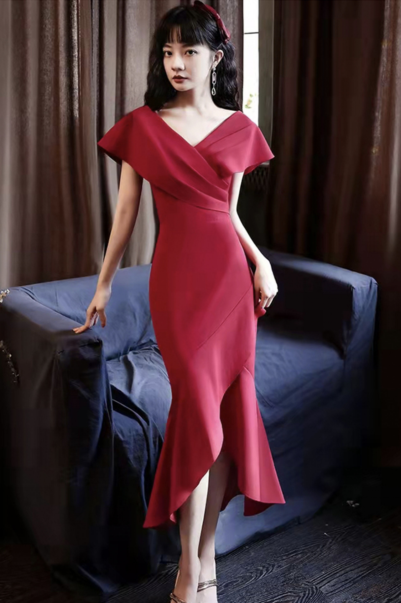 Burgundy V-neck High Low Prom Dress Party Dress on Luulla