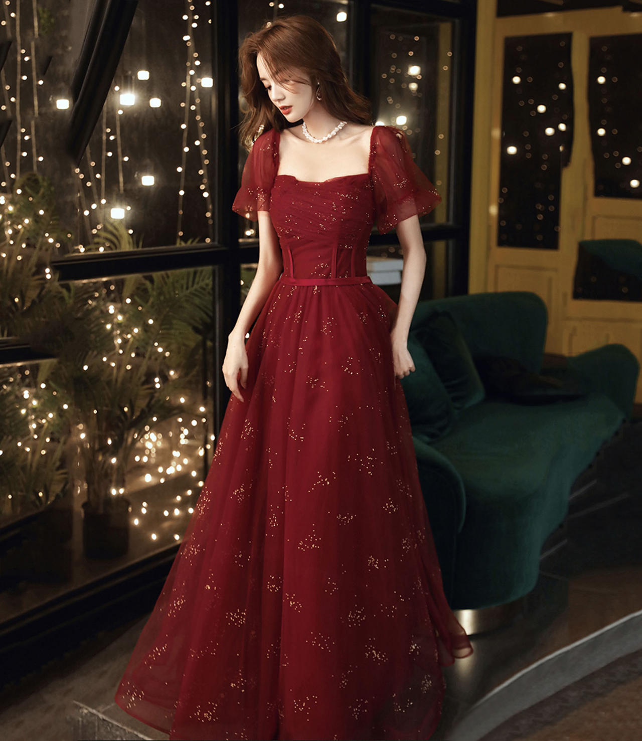 Burgundy Tulle Long Prom Dress A-line Evening Dress