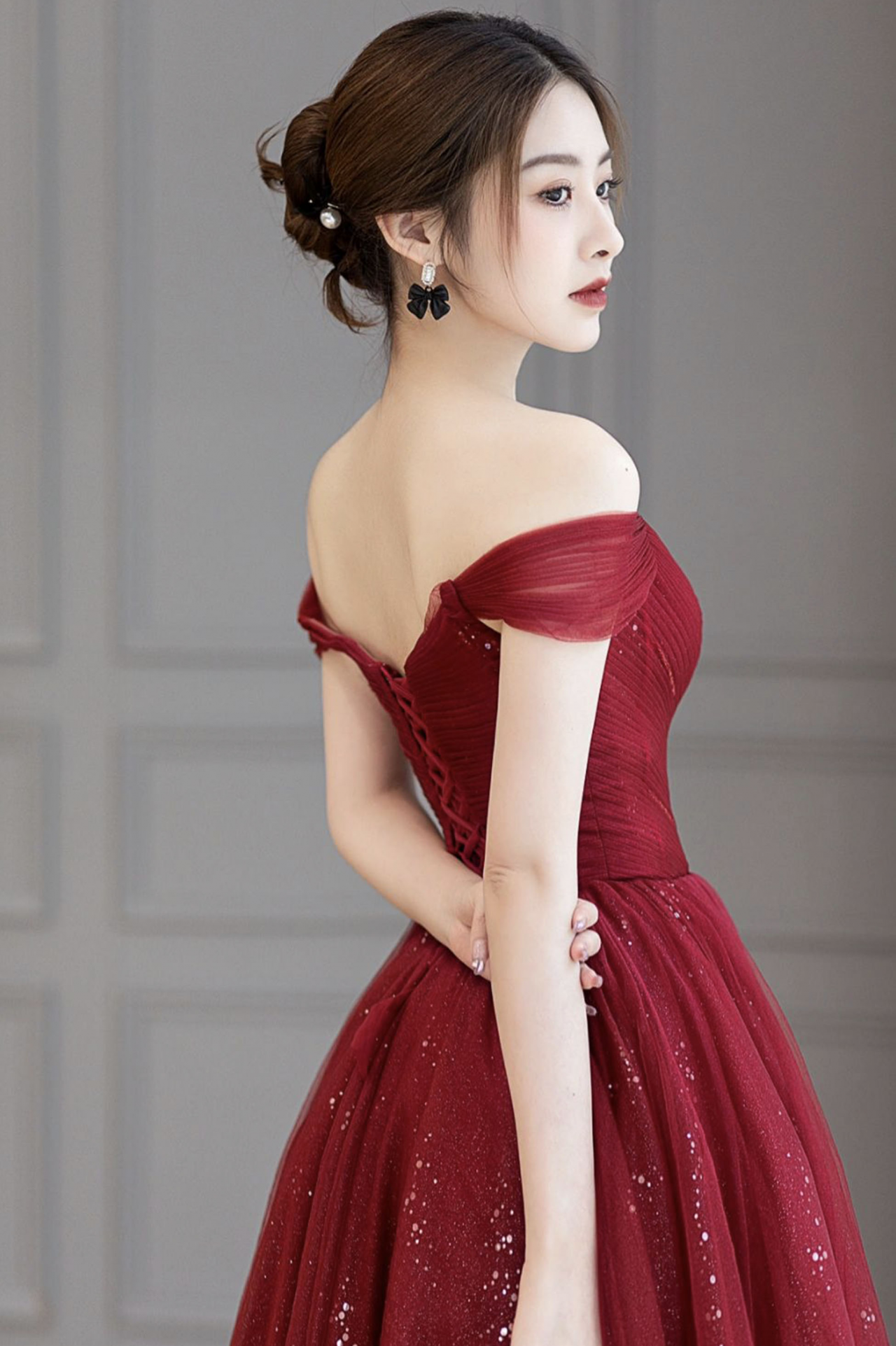 Burgundy tulle lace long prom dress A line evening dress Y1434 main image 1