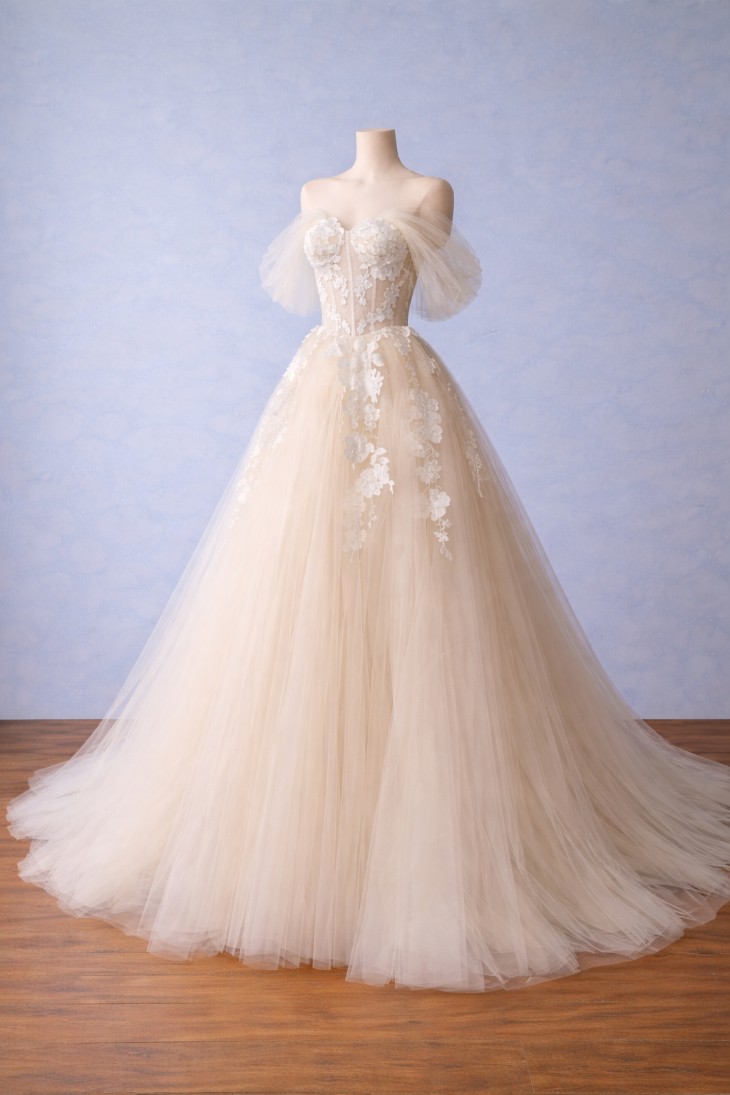 Champagne Off Shoulder Ball Gown Wedding Dress With 3d Floral Applique And Lace Up Back Train