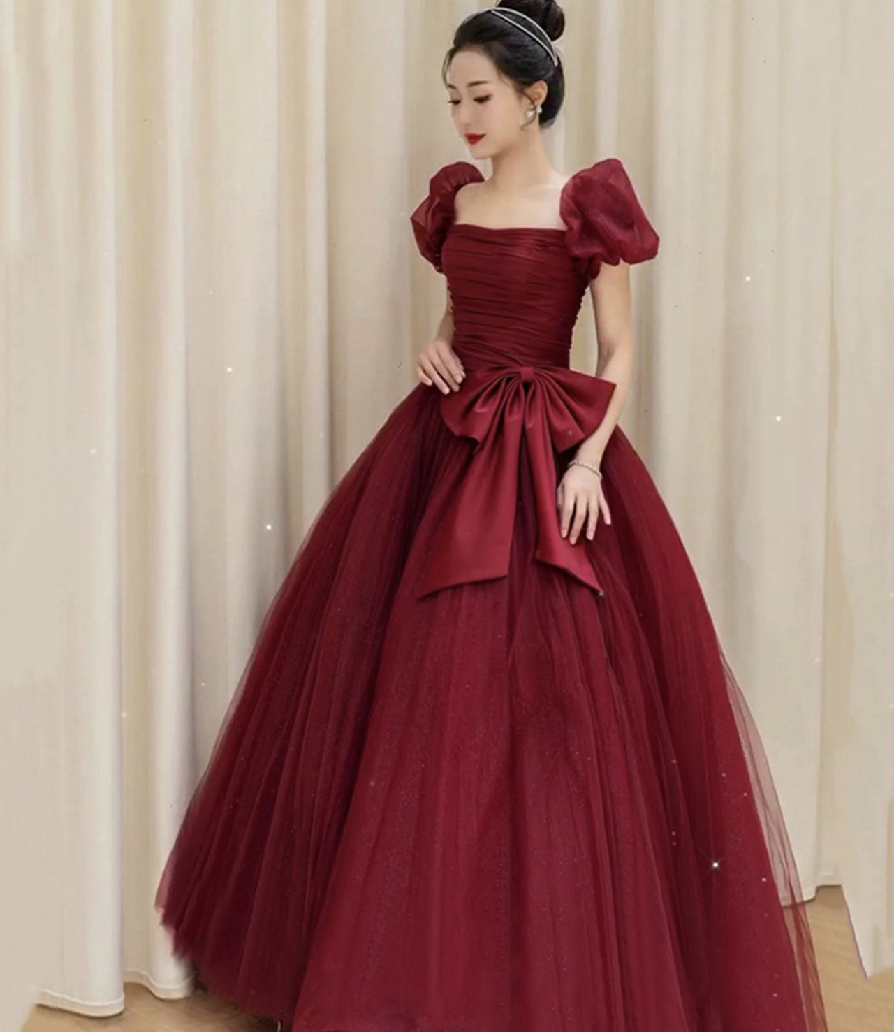 Burgundy Ball Gown Wedding Dress tulle Prom Dresses     fg2871 main image 1