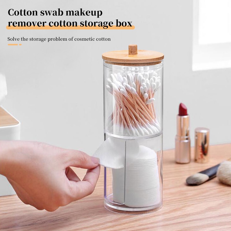 Makeup Cotton Pad Organizer Box Bathroom Storage Jar For Cotton Swabs Cosmetics Remover Pad Container With Bamboo Lid