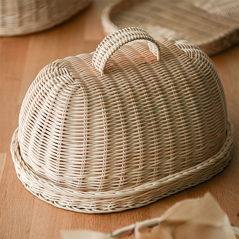 Handwoven Rattan Bread Basket Food Fruit Vegetables Serving Baskets With Dust Proof Cover Pantry Organizer For Kitchen