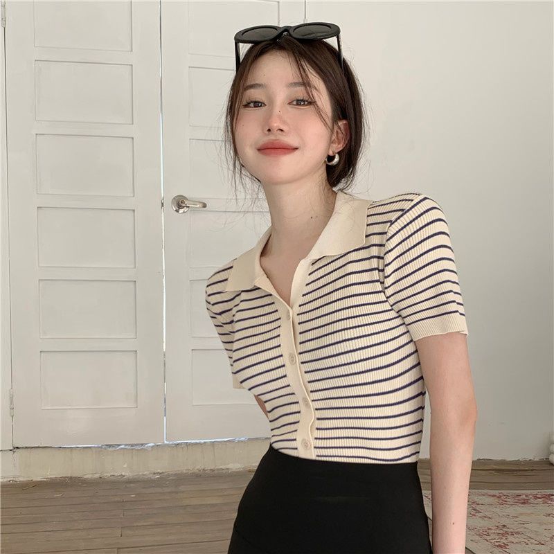Half Sleeve Turn Down Collar Striped Summer Pull Femme Versatile Button American Retro Slim Fit Knitted Cardigan Women Sweaters