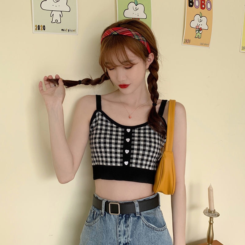 Summer Fashion Women Plaid Crop Buttons Camis Knitting Cute Tank Tops Ladies Sleeveless Solid Crop Tops