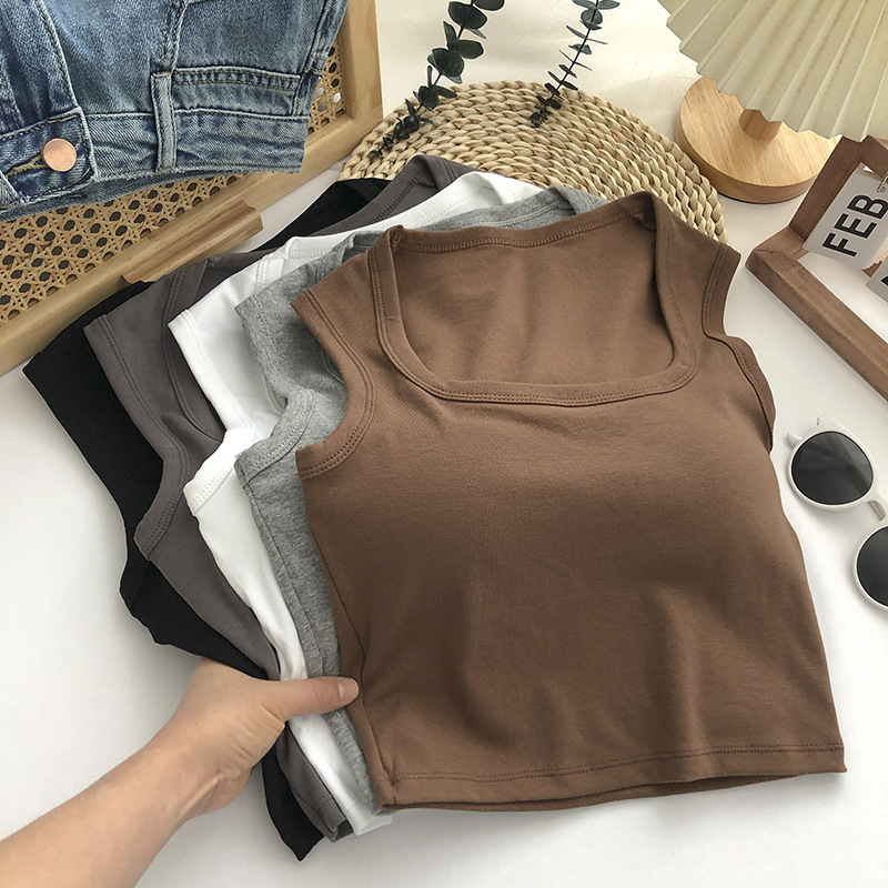 Sexy Square Low-collar Tank Tops Women Sleeveless Neck Camisole Solid Tank Top Female Summer With Pad Solid Color Bottoming Tops
