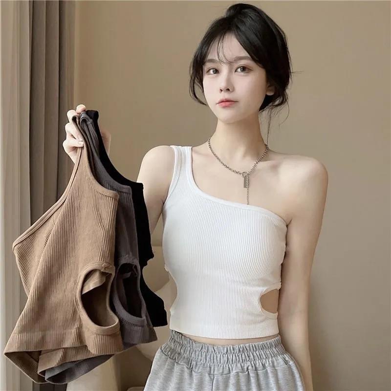 Rib Knit Women's Dew Waist Tank Top Summer Casual Basic Skinny Vest Cut Out Sleeveless Y2k Sexy Woman Crop Top Fixed Breast Pad