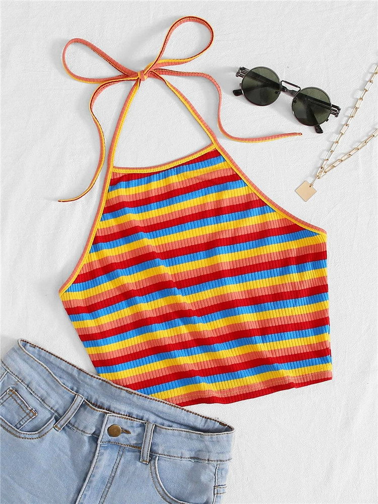 Rainbow Rib-knit Striped Halter Top Women Summer Y2k Clothes Sexy Korean Fashion Backless Sleeveless Crop Top Streetwear