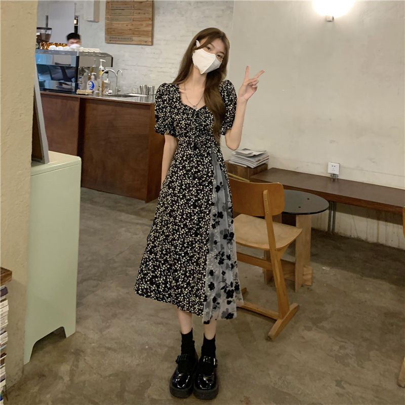 Summer Women Long Dress Vintage A Line Pleated Tulle Midi Dress For Women Girl Fairycore Clothes Floral Korean Fashion Clothing