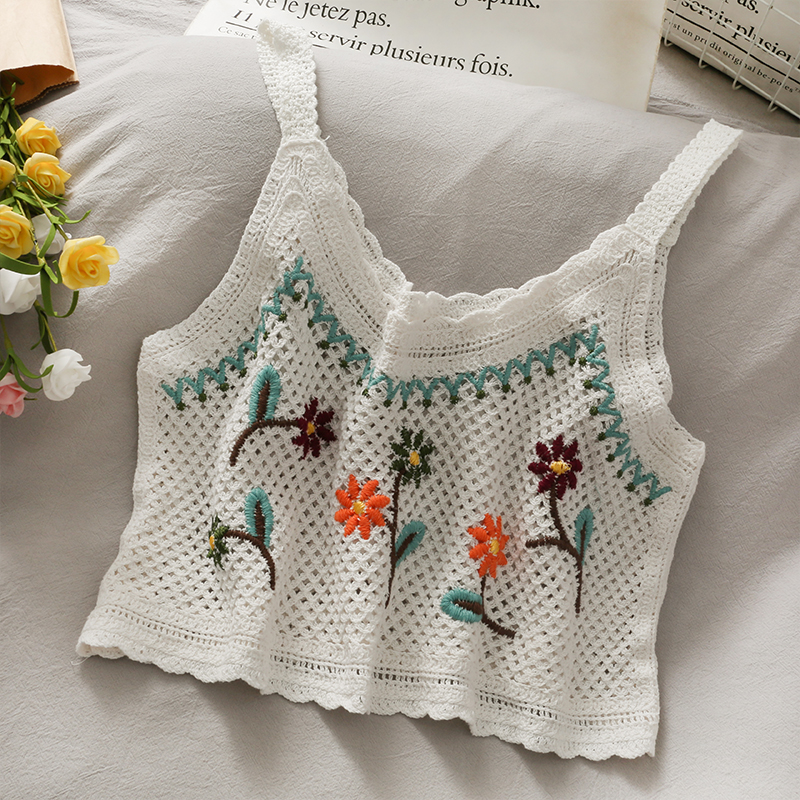 Women Summer Crochet Camis Crop Top Floral Embroidery Cute Sleeveless Beach Sweet Retro Tops Vintage Floral Cotton Tops