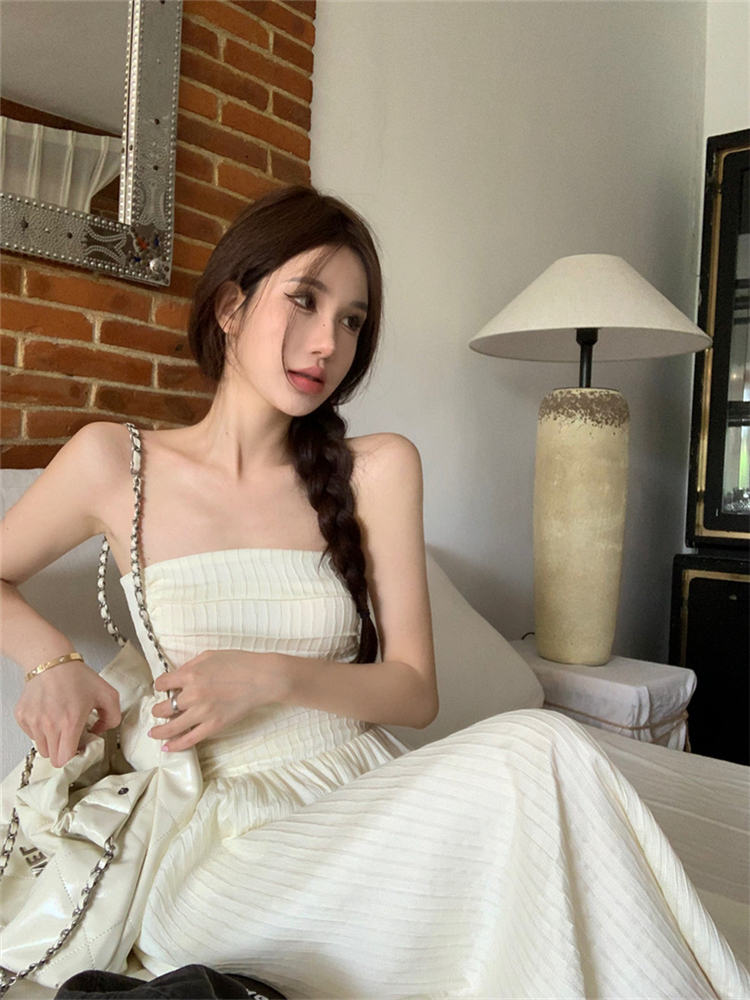 In Summer Elegant Midi Dress For Women White Slim Sleeveless Strapless Fashion Chic Birthday Party Dresses Korean Clothes