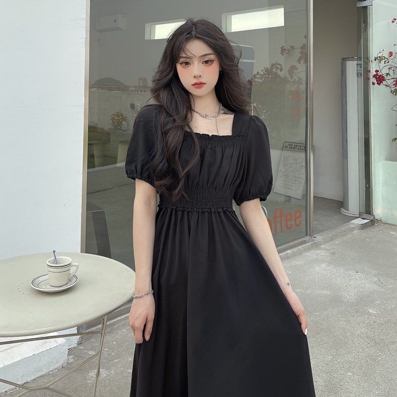 Women's French Style Black Dress Elegant Vintage Bubble Sleeve