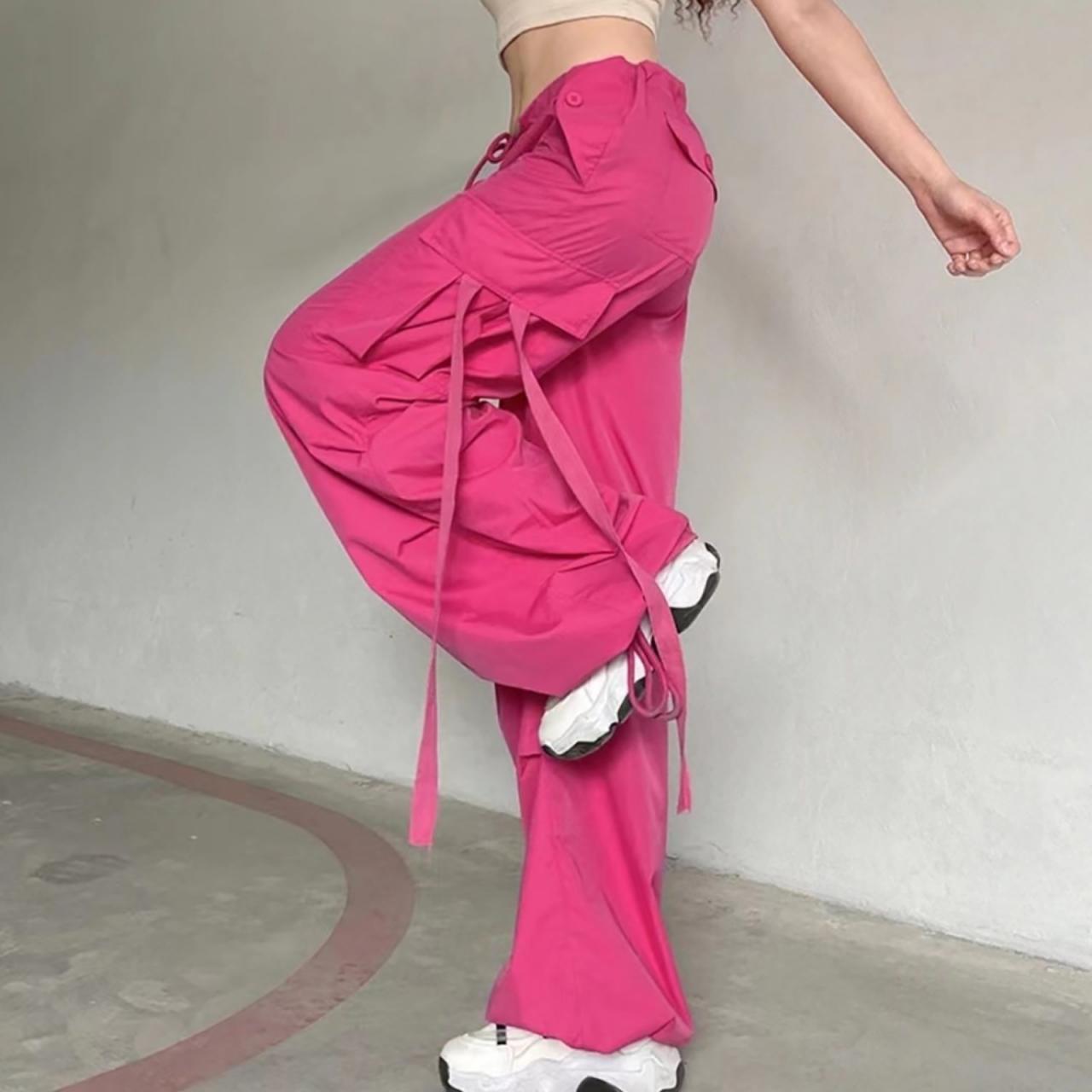 Pink Y2k Cargo Pants Woman Loose Pocket Trousers Wide Leg Pink Sashes Belt Campus Female High Street Baggy Wide Leg Trousers