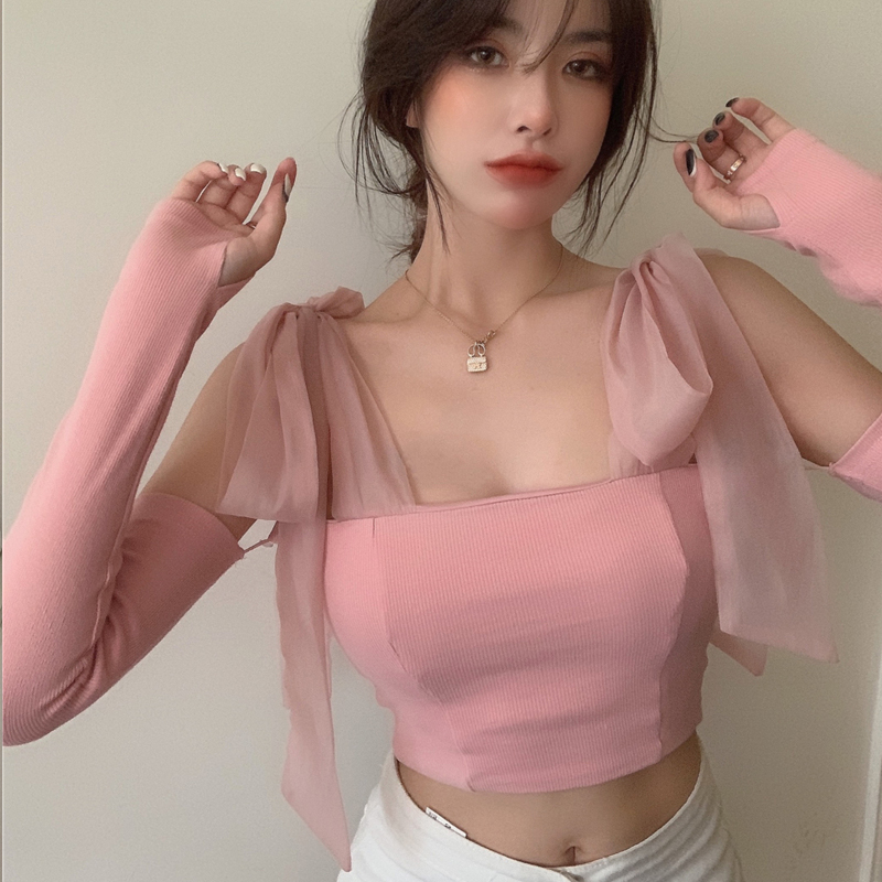 Sweet Girly Pink Camis Detachable Sleeve Bow Knitted Tank Tops Women Summer Fashion White Cropped Tops