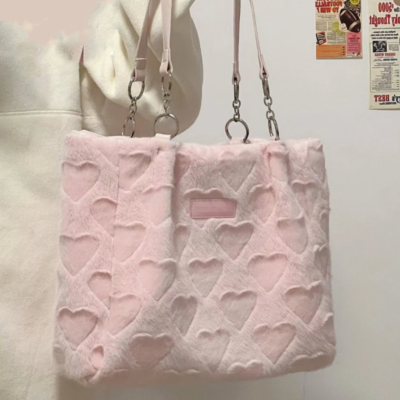 Cute Furry Women's Casual Tote Bags Love Heart Ladies Sweet Shoulder Underarm Bags Solid Color Female Fashion Plush Handbags