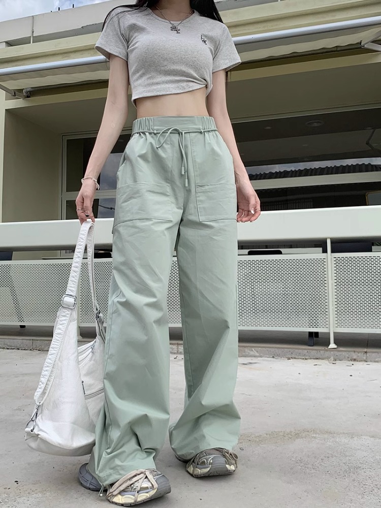 Korean Fashion Green Cargo Parachute Pants Women Hippie Streetwear Wide Leg  Baggy Sweatpants Harajuku Oversize Trousers