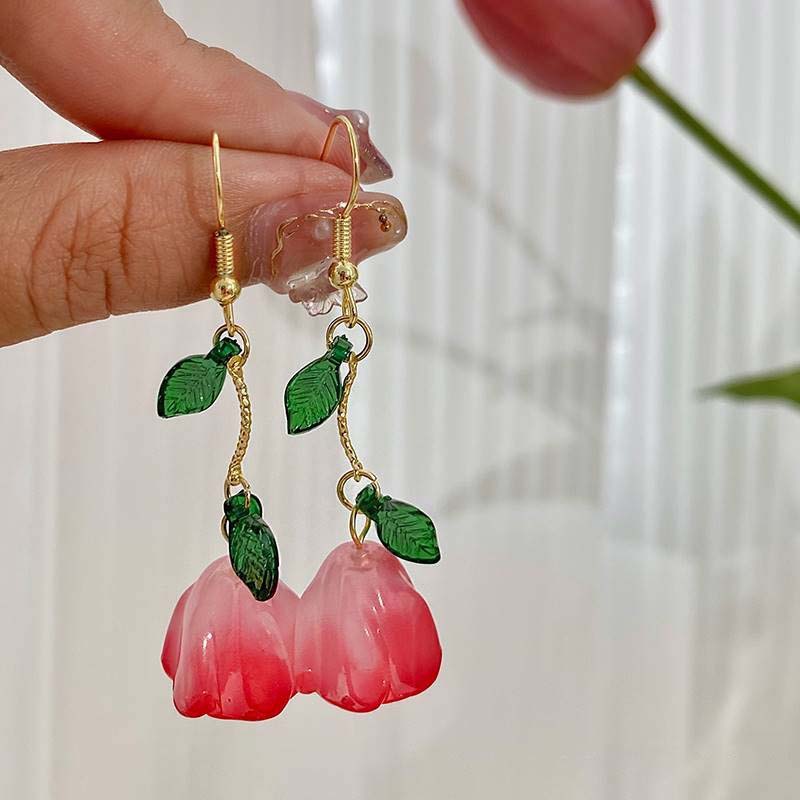 2023 Korean Pink Tulip Flower Pendant Earrings For Women Fashion Elegant Temperament Pearl Earrings Jewelry Accessories