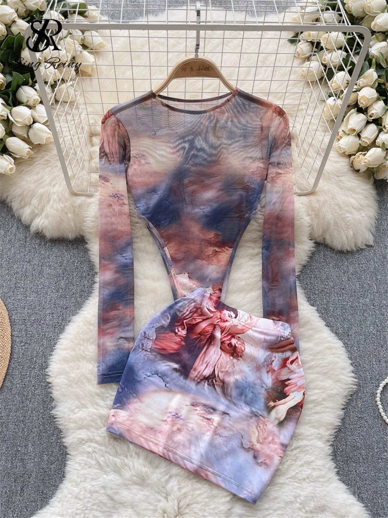 Fashion Hotsweet Two Pieces Suits O Neck Long Sleeved Transparent Bodysuit Top+ Skinny Mini Skirt Tie Dye Print Sets