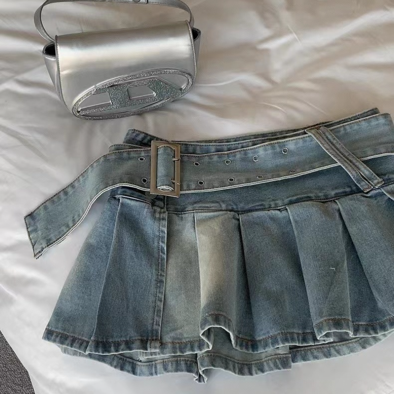 Women Denim Mini Skirts Pleated Chic Summer Sexy With Belt Vintage Ruffles Streetwear Hip Hop Party Y2k Fashion Slit Designed