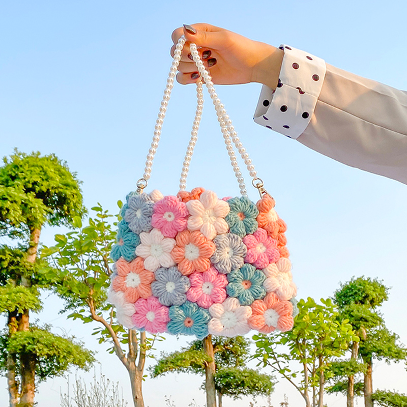 Flower Hand Woven Diy Knitted Bag Women Cotton Woolen Daisy Bag Shoulder Messenger Bag Rural Style Pearl Chain Crochet Bag