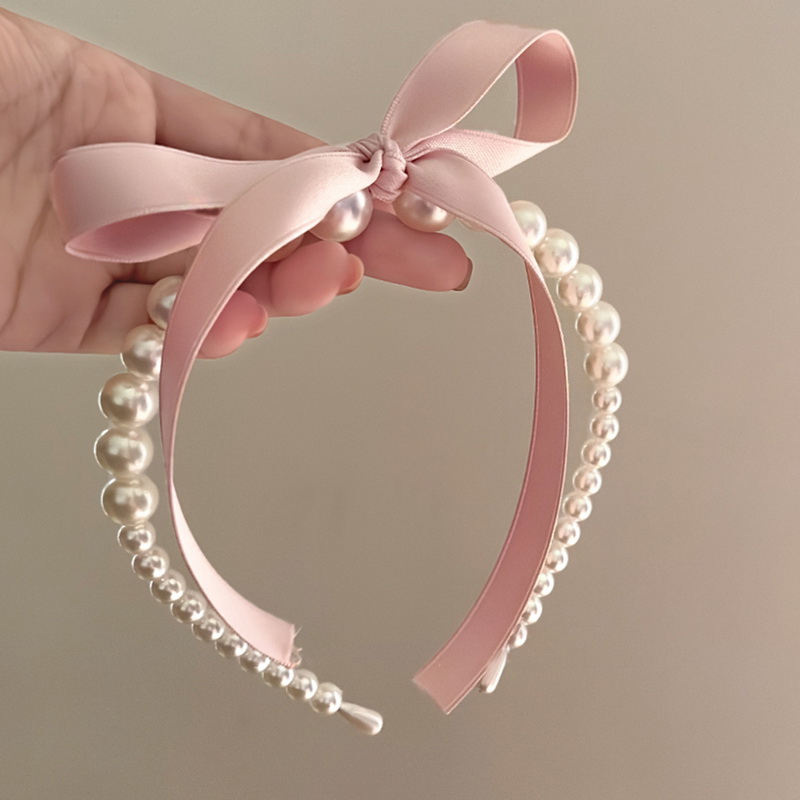 Pink Satin Pearl Hair Band Cream Color Girl Bow Ribbon Sweet Temperament Headband Hair Hoop Headwear Women Jewelry Accessories
