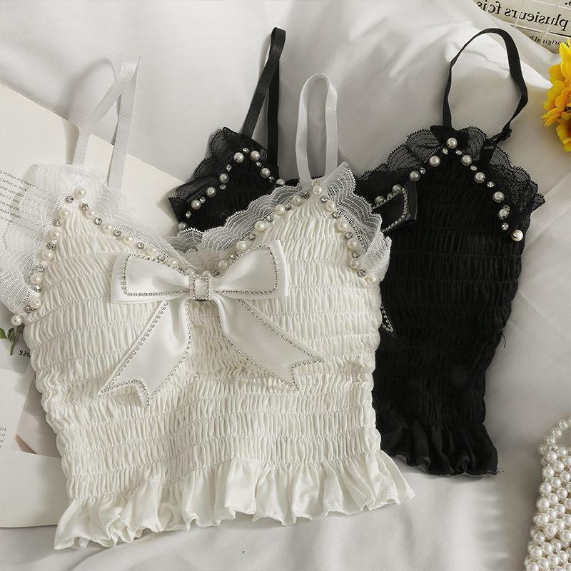 Summer Lace Bow Camisole For Women Pleated Crop Tops Vintage Clothes Harajuku Solid Sexy Ladies Sweet Elegant Camisole