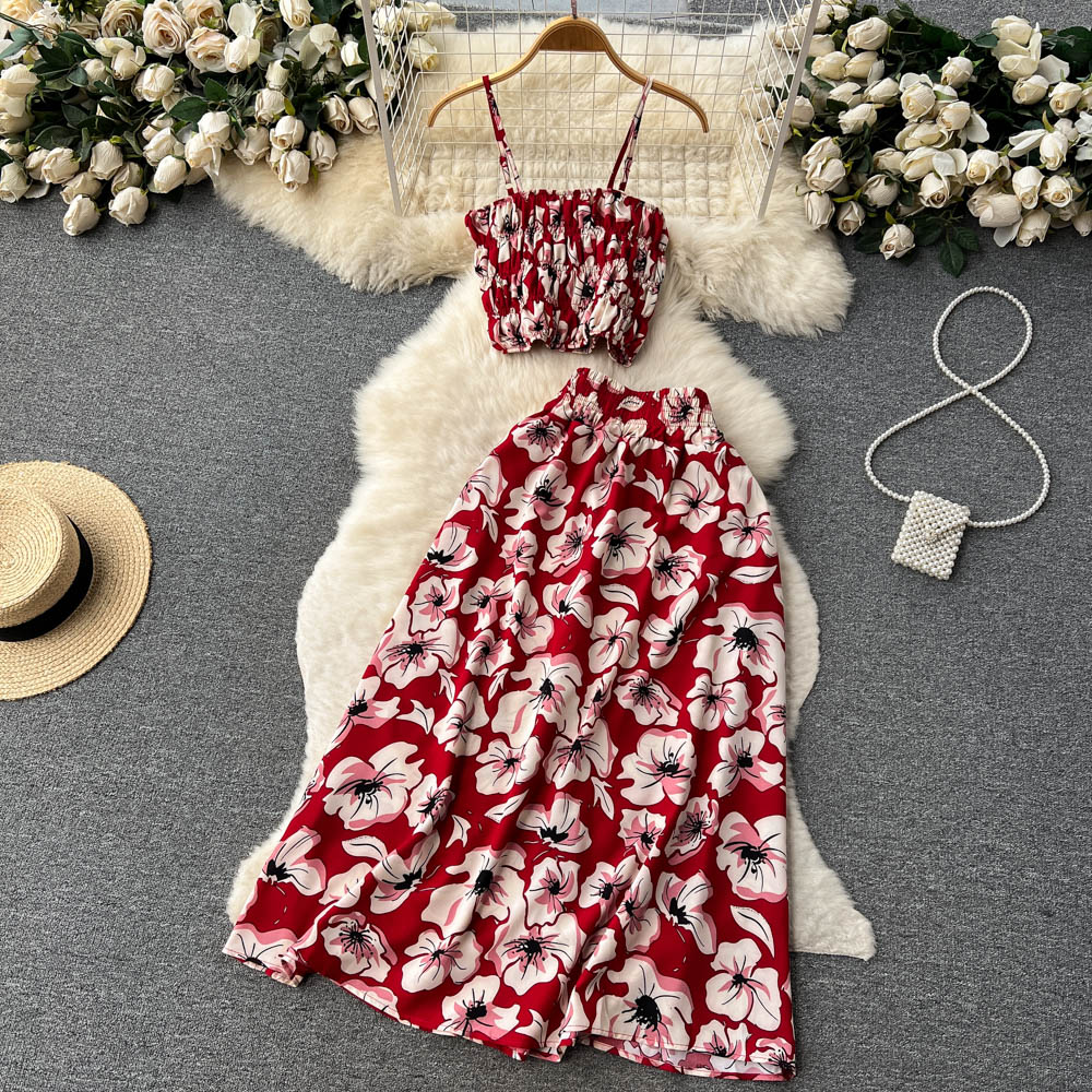 Women Dress Set 2023 Summer Vacation Fashion Floral Print Straps Crop Tops + Long Skirts Outfits Beach 2pcs Suits