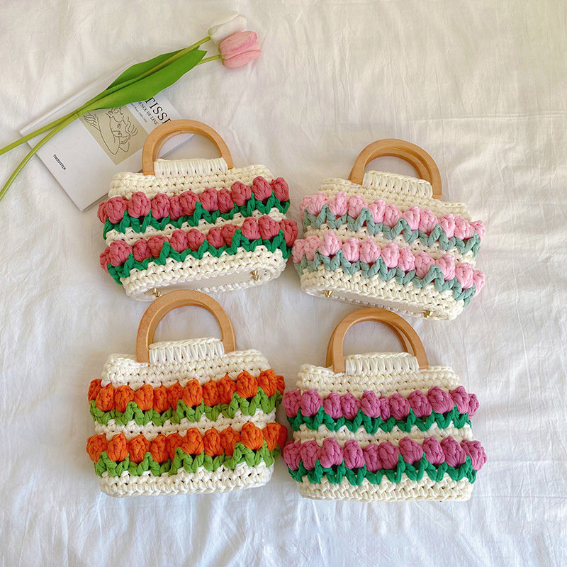 Tulip Flower Tote Bag Basket Hand Knitted Bag Diy Homemade Cloth Rope Crochet Bag Girlfriend Gift Floral Bucket